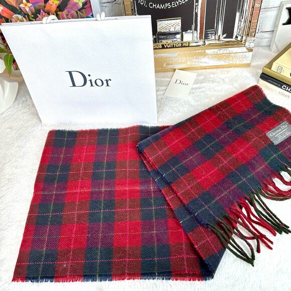 Christian Dior Red Cashmaire 100% acrylic Plaid Scarf GREAT GIFT IDEA! - Picture 6 of 8